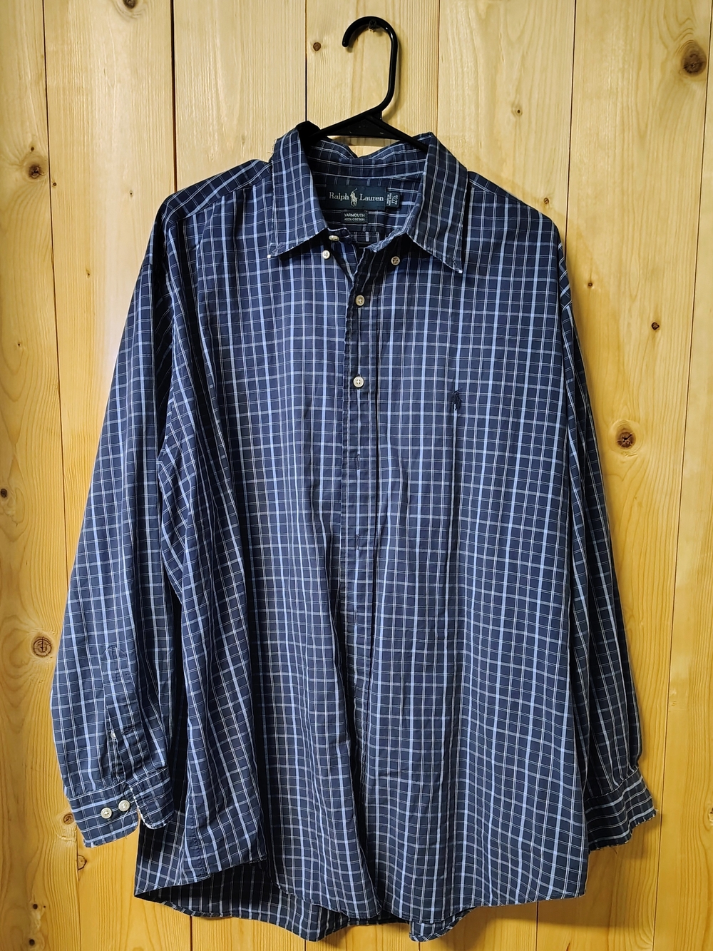 Vintage Ralph Lauren Yarmouth Shirt Mens XL 17.5 Blue Plaid Button Down 90s